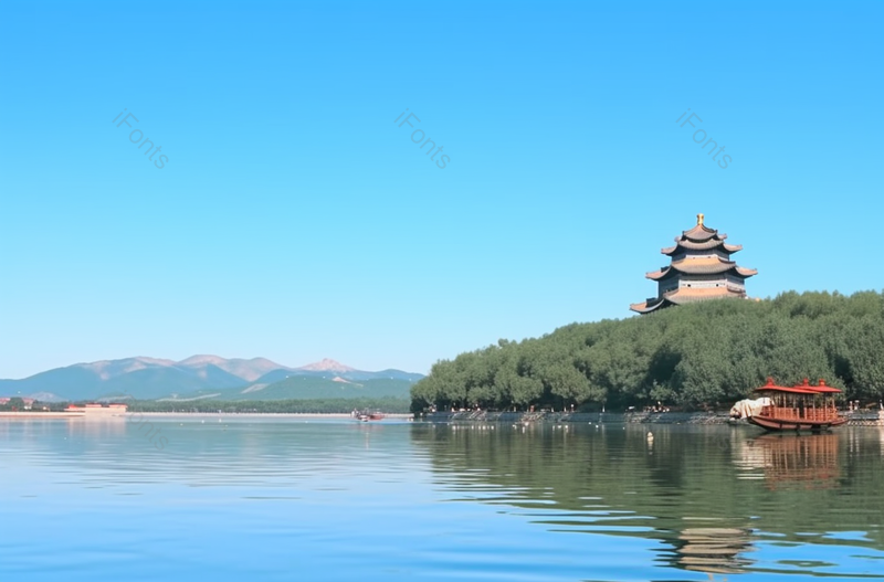 蓝色自然湖边美景游船寺庙楼宇远景摄影,高清,摄影图,摄影图片,图片大全,摄影图免费下载